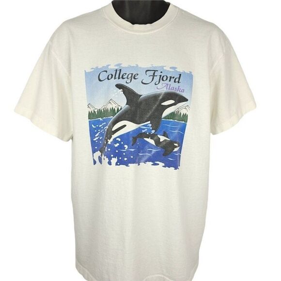 Killer Whale T Shirt Vintage 90s College Fjord Alaska Glaciers Nature Tee Mens - Picture 1 of 8